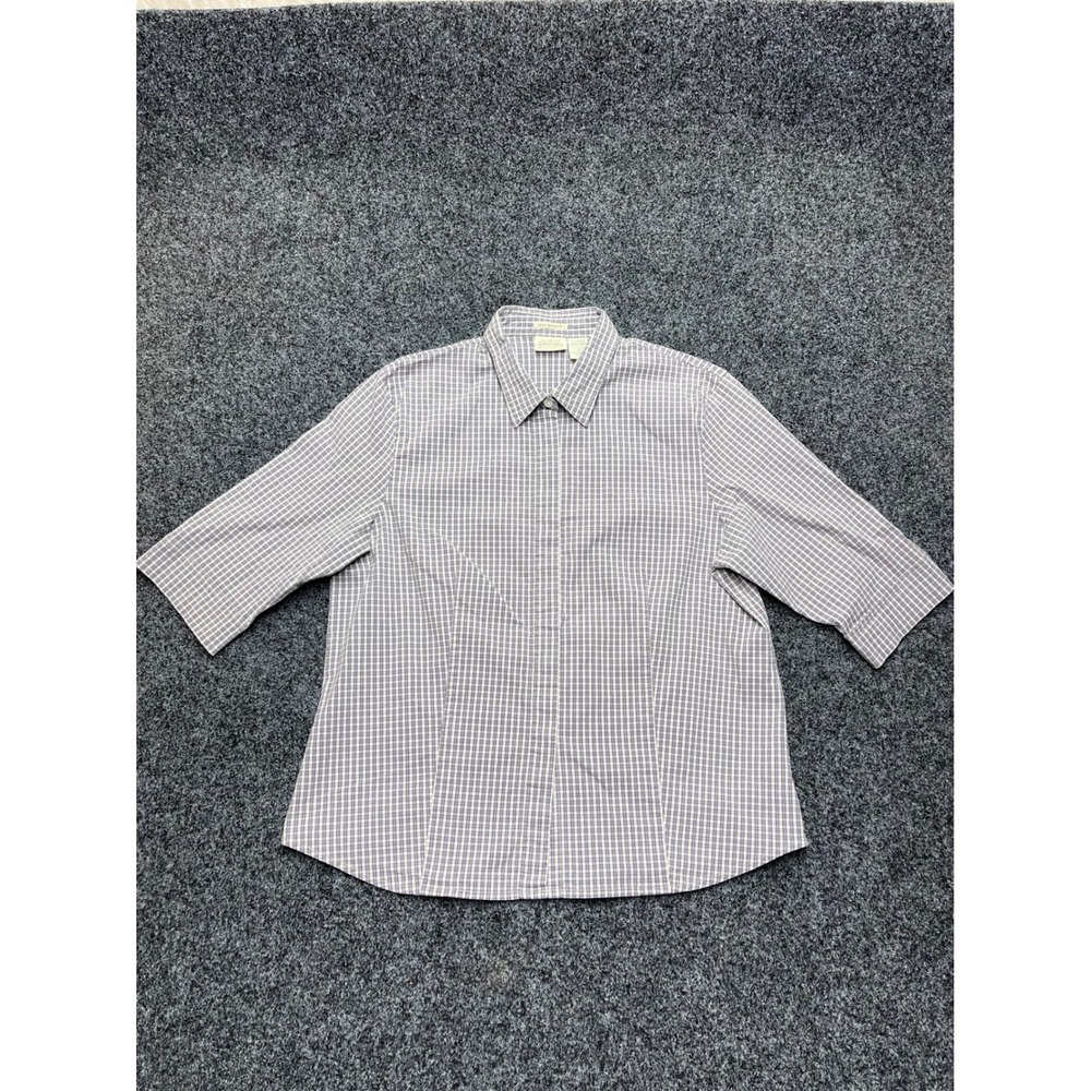 St Johns Bay Womens XL Gingham Check Stretch Button Down Shirt Grey 3/4 Sleeve